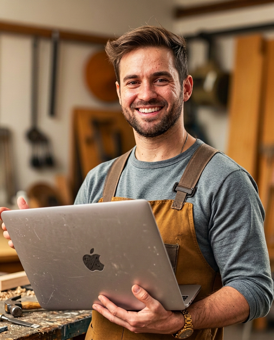 Portrait of Tristan holding a laptop in a workshop